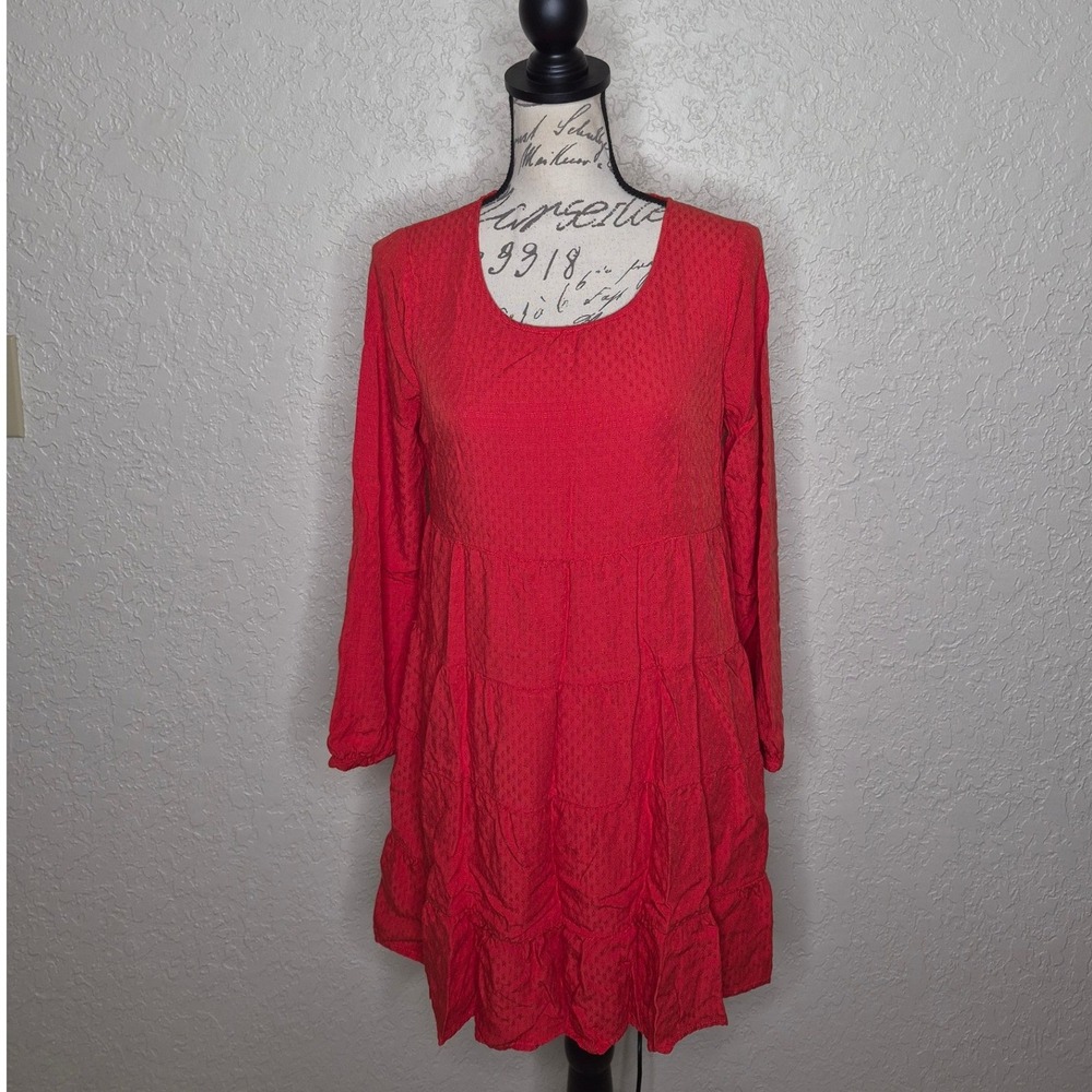 Skies Are Blue Red Textured Tiered Dress Lattice Back Small
